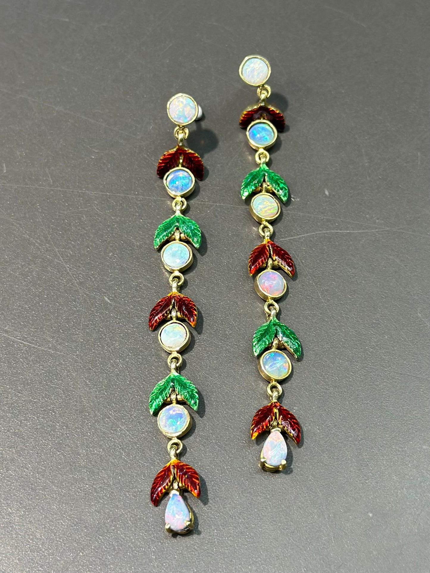 18K Gold Enamel Opal Drop Earring