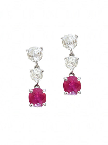 Art Deco 18K Gold Natural Burma Ruby Diamond Earring GIA