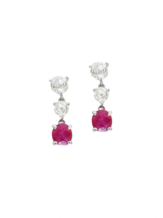 Art Deco 18K Gold Natural Burma Ruby Diamond Earring GIA