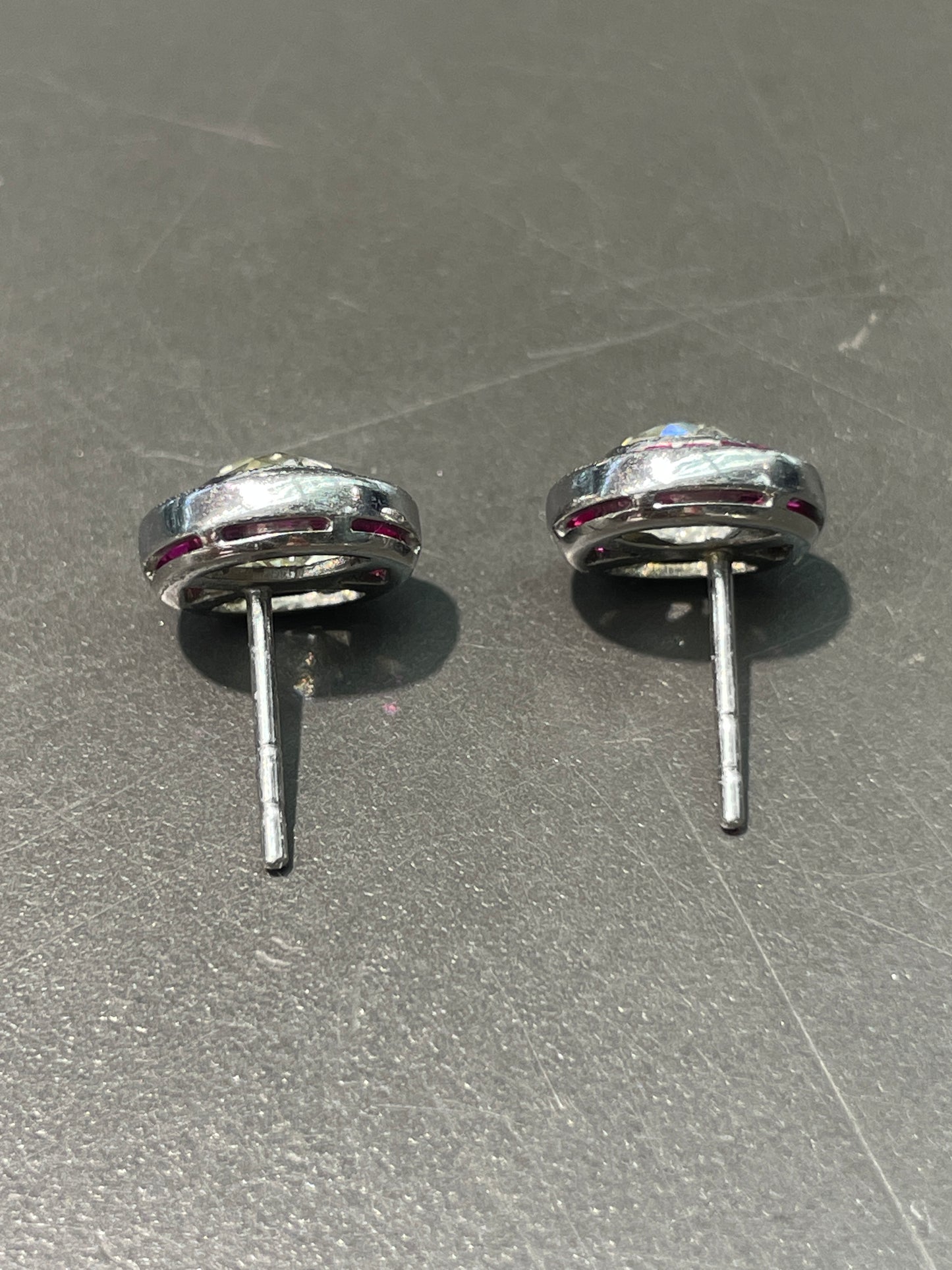 Vintage Platinum 1.75 CTW Old Mine Cut Diamond Ruby Target Stud Earring