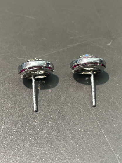 Vintage Platinum 1.75 CTW Old Mine Cut Diamond Ruby Target Stud Earring