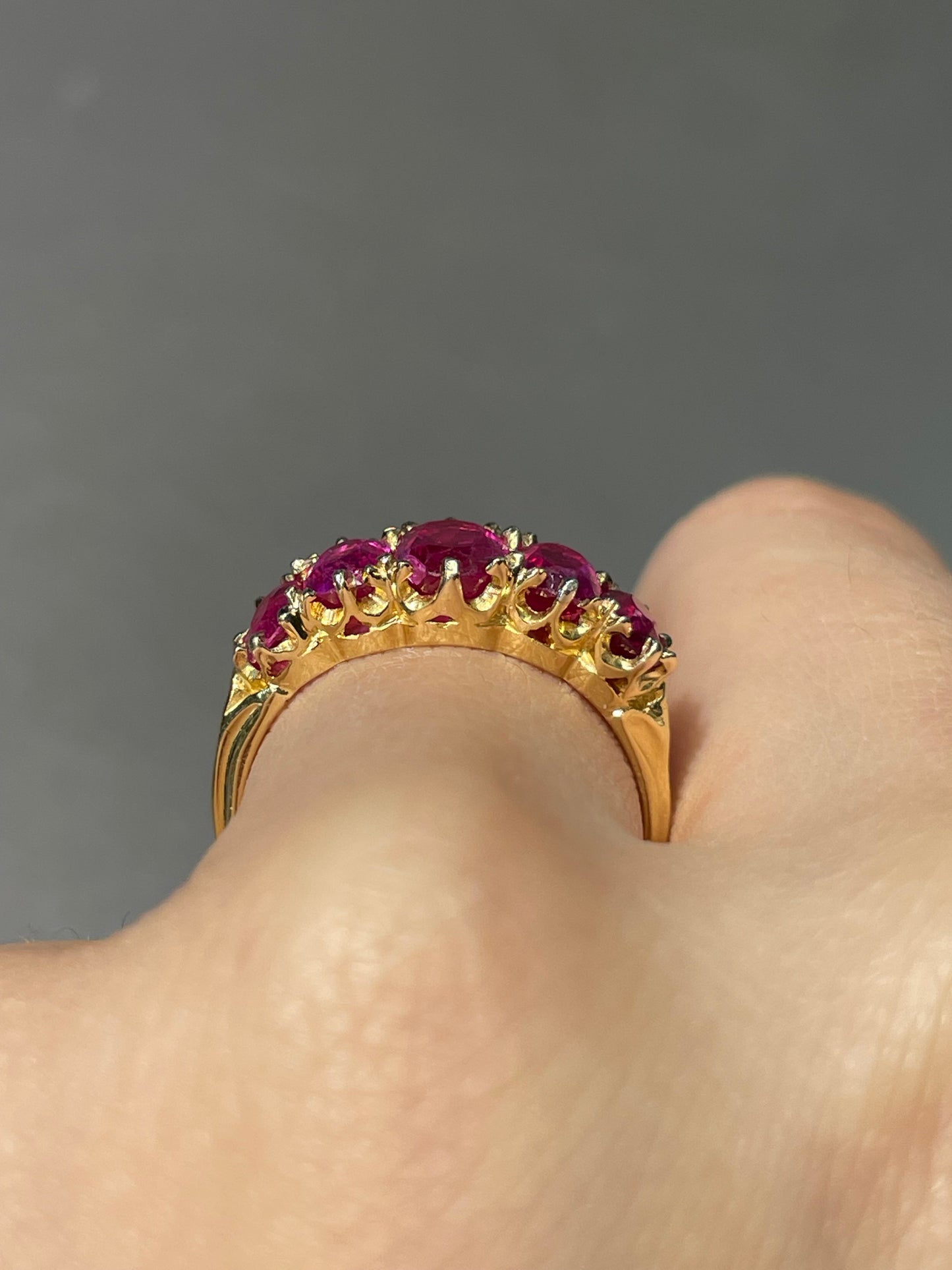 Antique 18K Yellow Gold 2.59 CTW Burmese Five Stone Ruby Ring