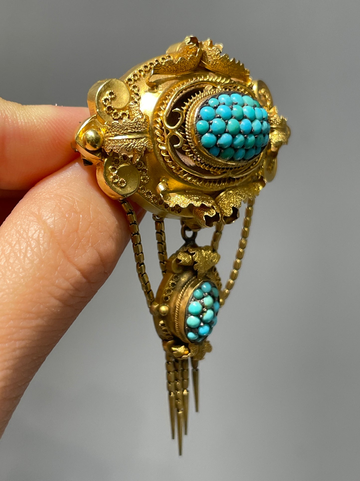 Victorian Etruscan 14K Gold Turquoise Fringe Brooch