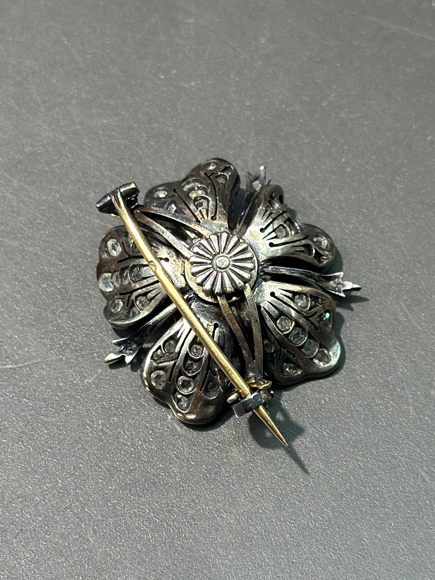 French Victorian Silver and 18K Gold Diamond Flower Brooch