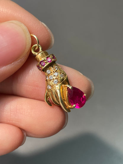 Antique 18K Gold Figural Hand with Ruby Diamond Pendant