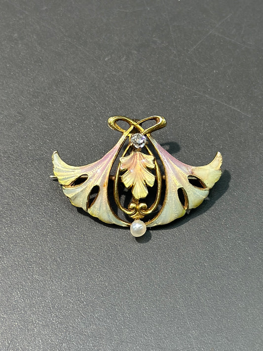 Art Nouveau 14K Gold Ginkgo Leaf Diamond and Pearl Enamel Brooch