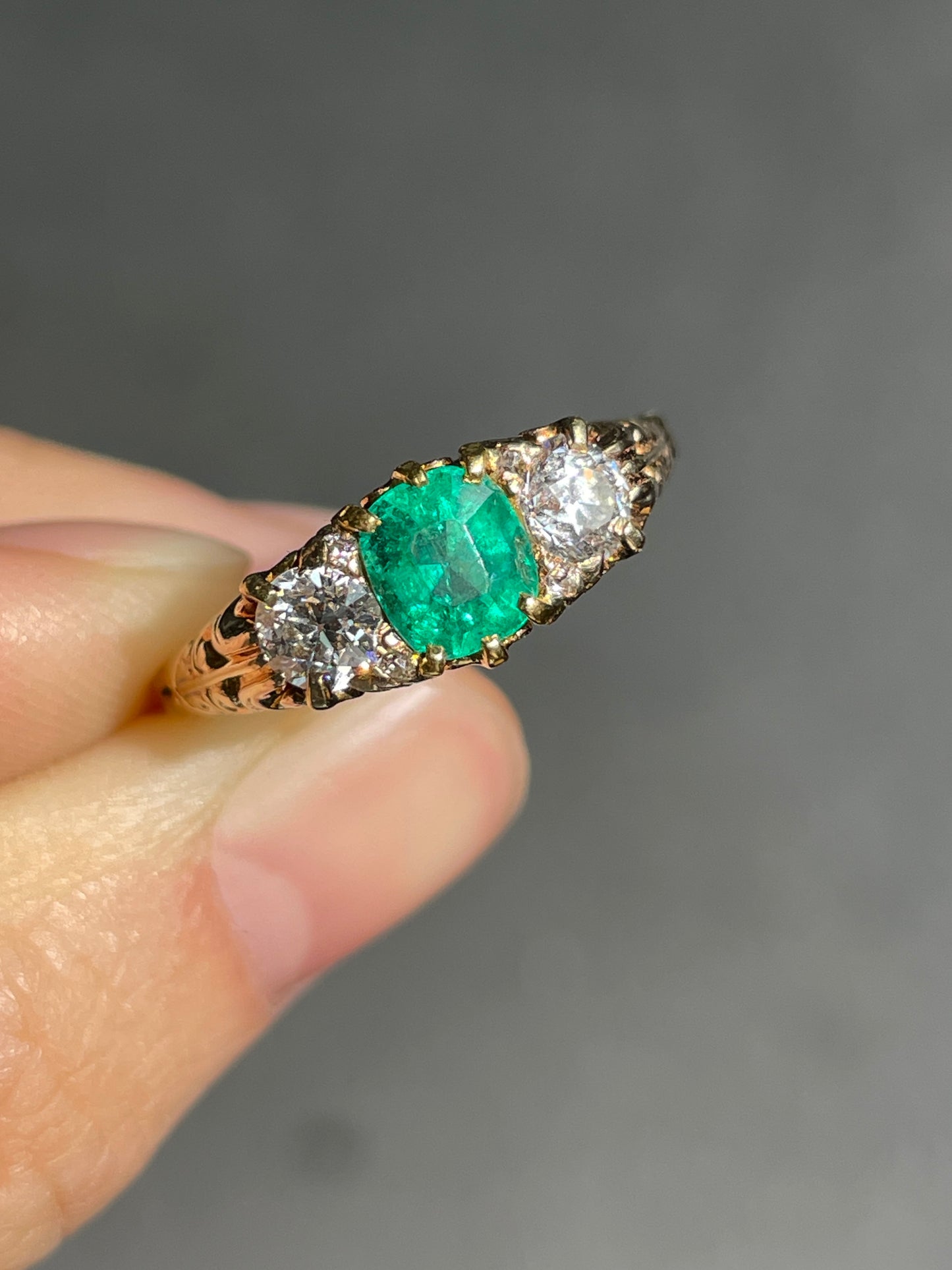 Antique 14K Gold 1.15 CTW Colombian Emerald Diamond Three Stone Ring GIA