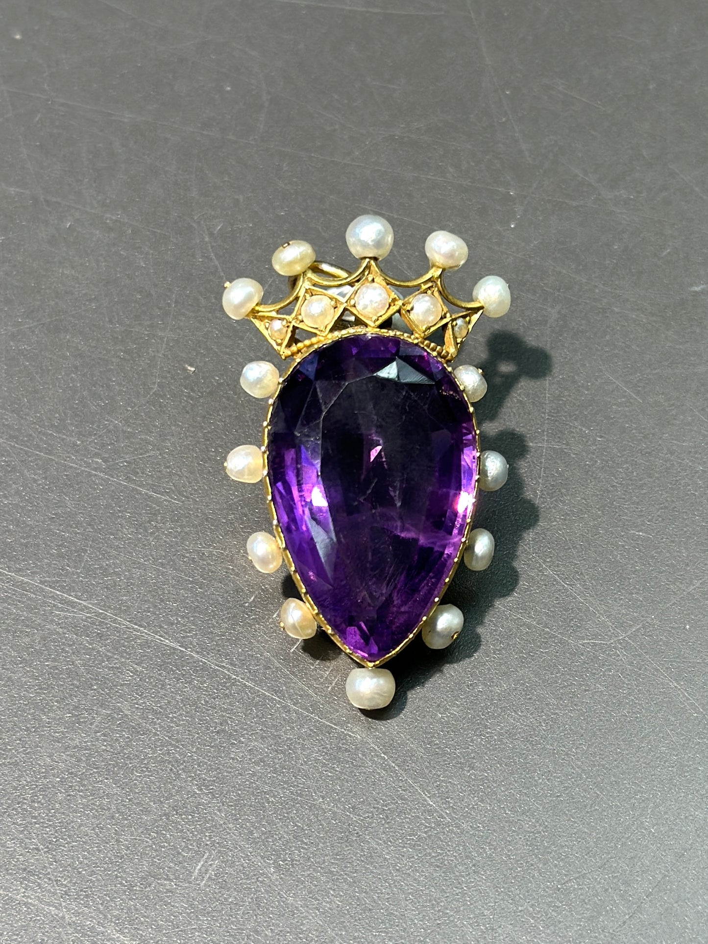 Victorian 14K Gold Amethyst Natural Pearl Crown Pendant