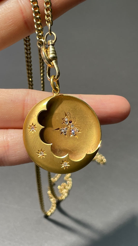 古董 14K 金钻石蝴蝶新月吊坠