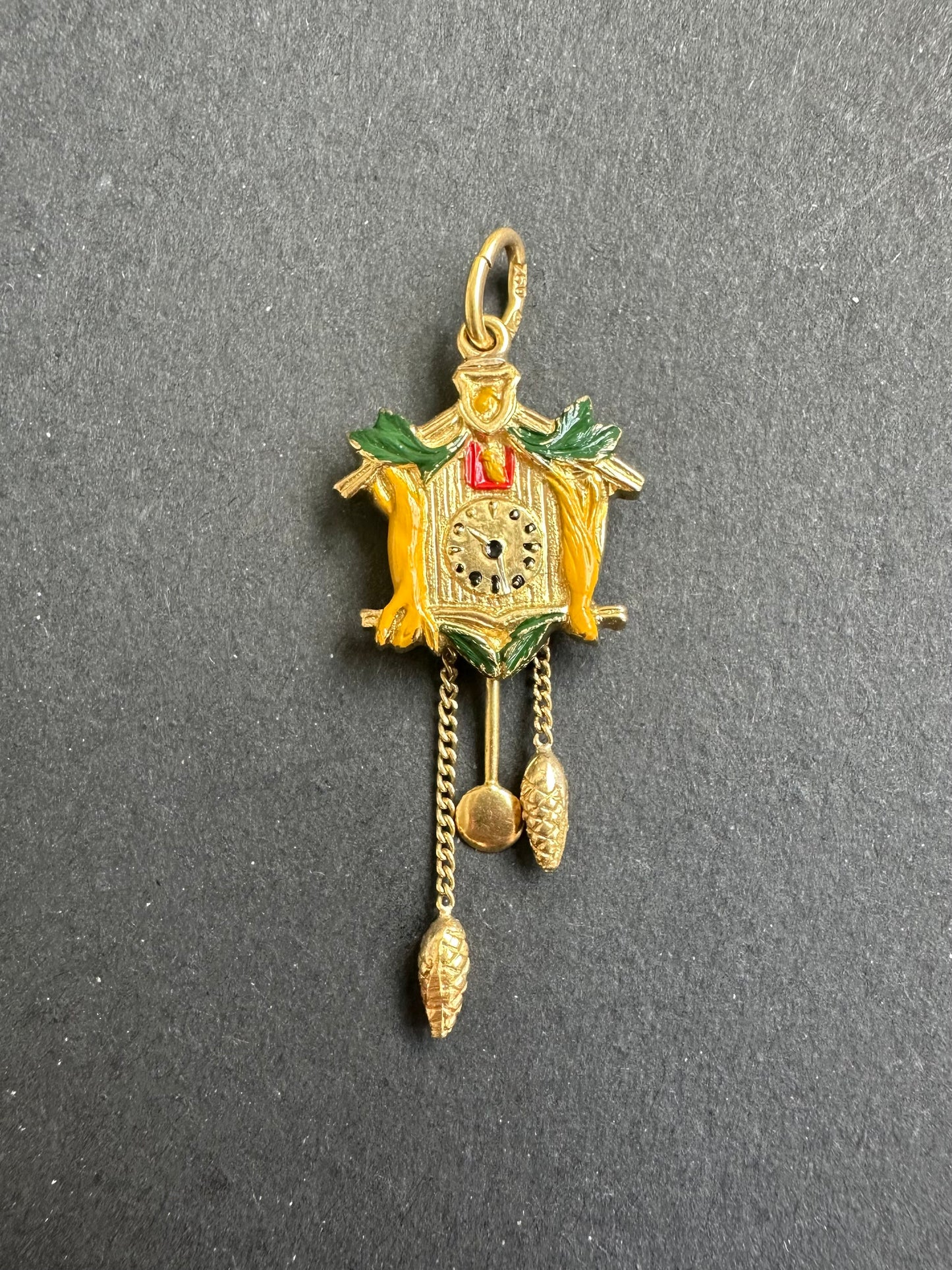 Vintage 18K Gold Enamel Articulating Cuckoo Clock Charm