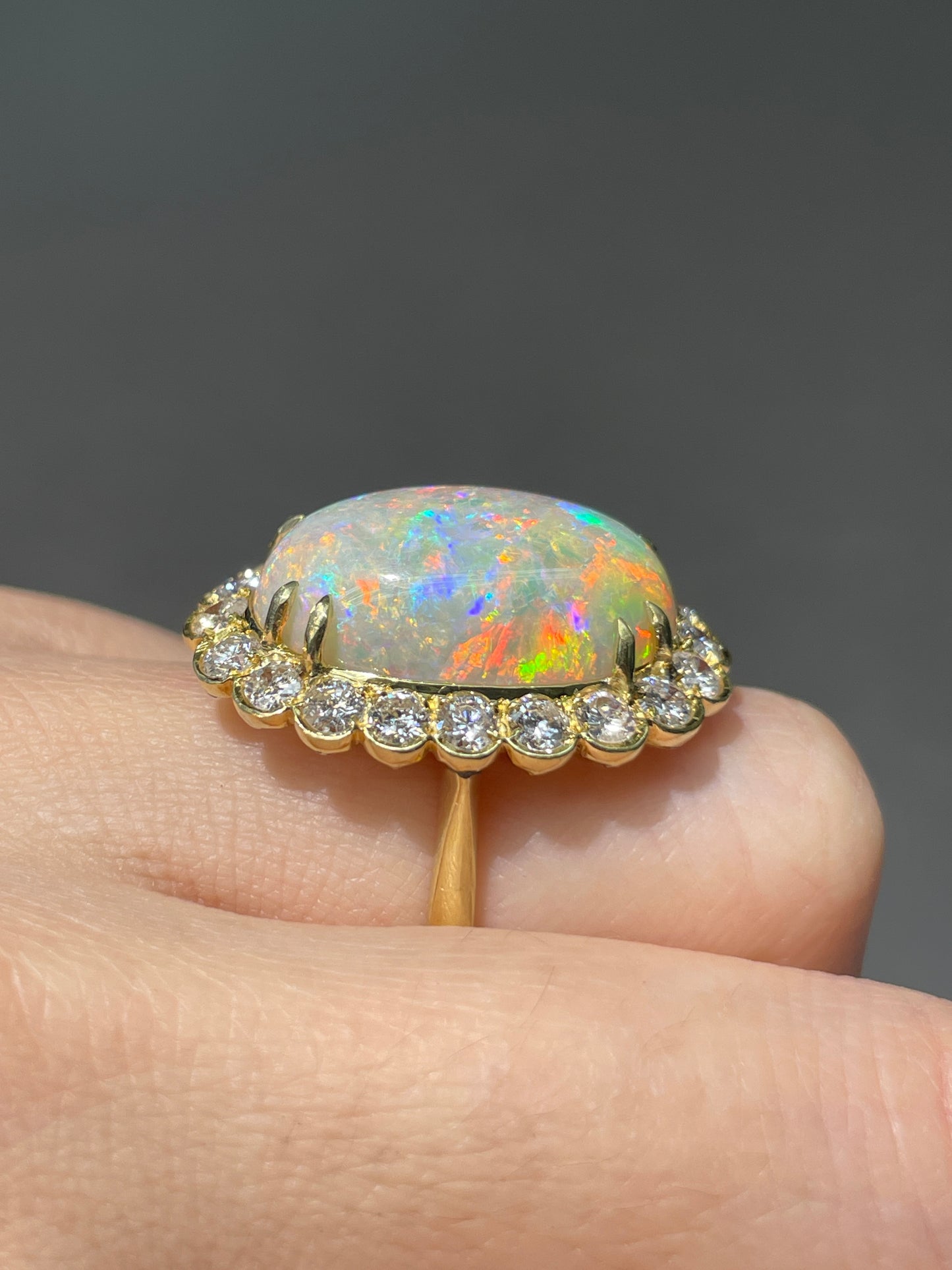 18K Gold Australian Opal Diamond Halo Ring