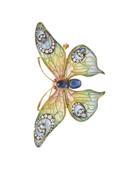 Art Nouveau 14K Yellow Gold Plique-a-Jour Sapphire Diamond Butterfly Brooch
