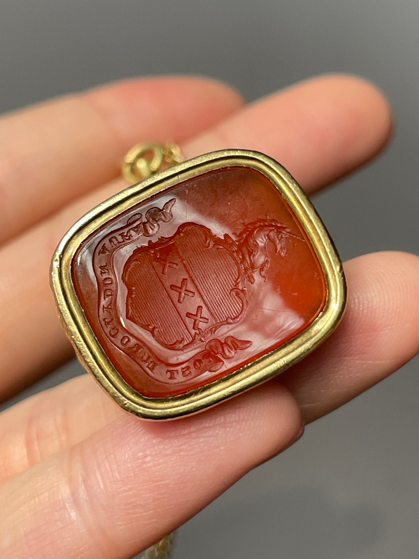 Antique 14K Yellow Gold Motif Carnelian Intaglio Fob Pendant