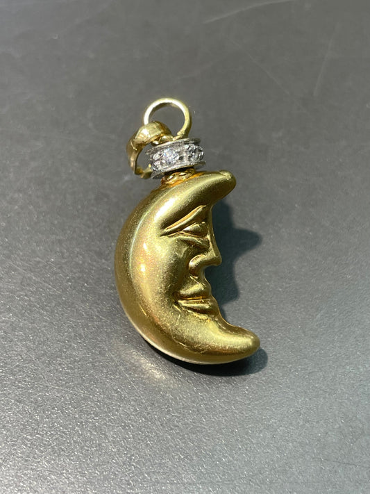 Vintage 18K Yellow Gold Diamond 0.18 CTW Crescent Moon Face Charm