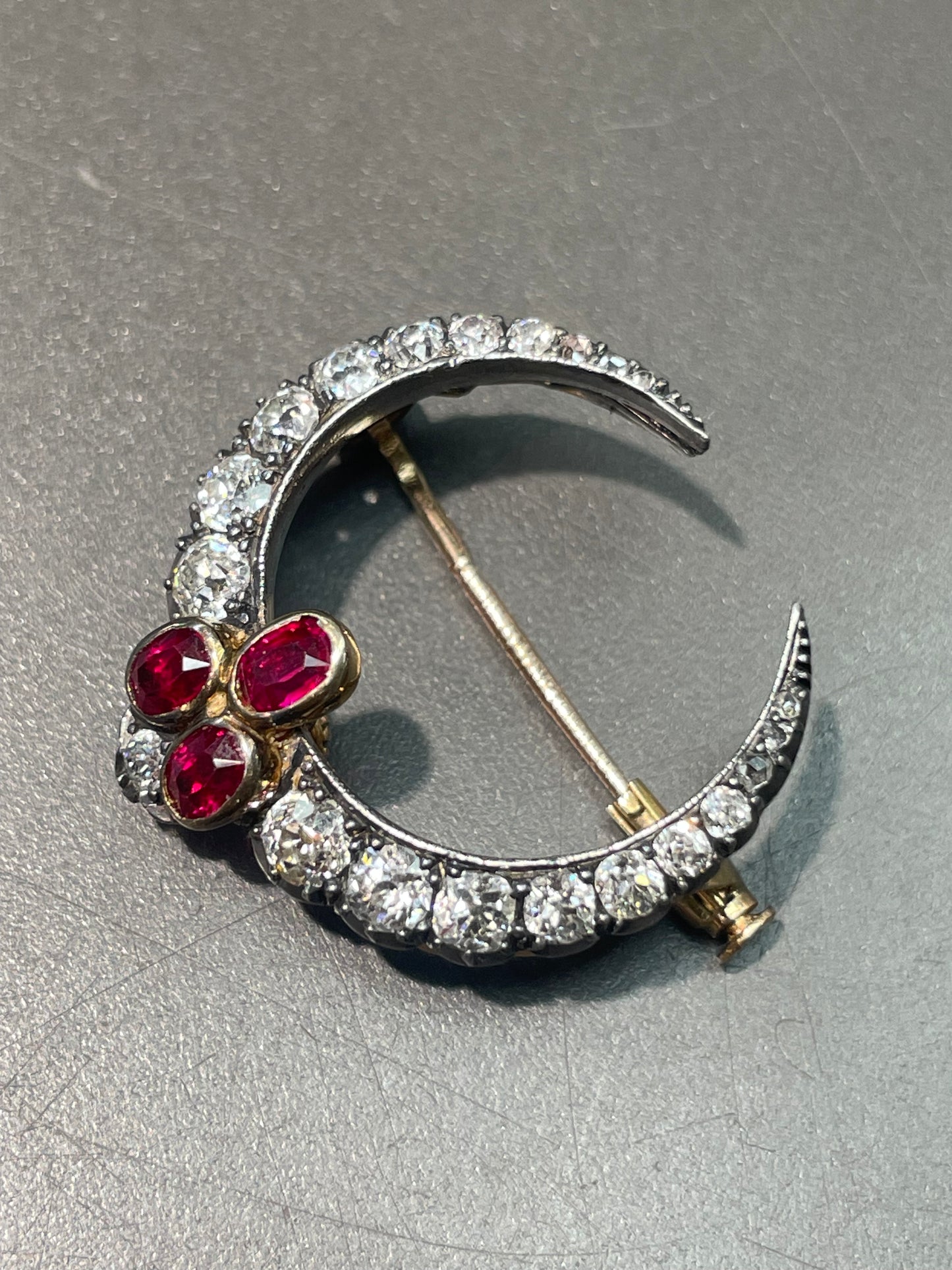 Antique Silver Topped 14K Yellow Gold 2.25 CTW Diamond Ruby Crescent Brooch