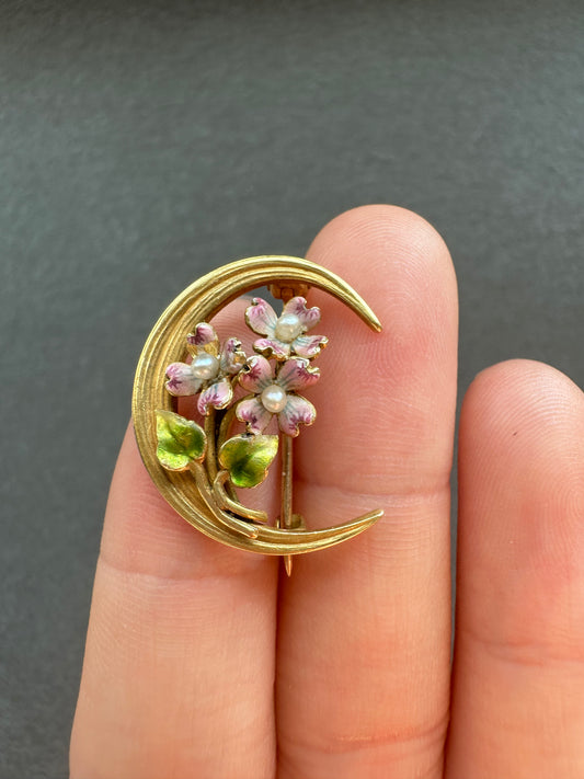 复古 14K 金 Krementz and Co. 粉红珐琅花朵新月花卉胸针