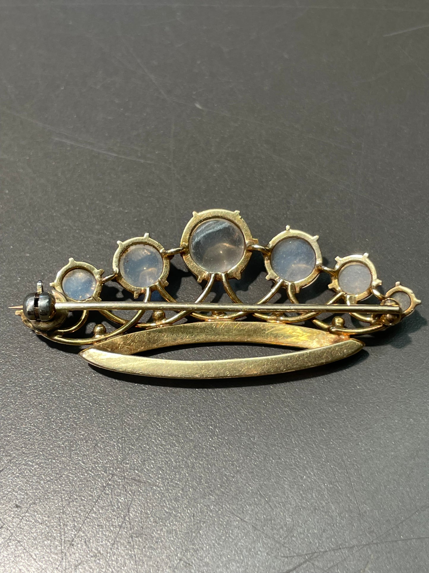 Antique 14K Yellow Gold Ceylon Moonstone Pearl Crown Brooch