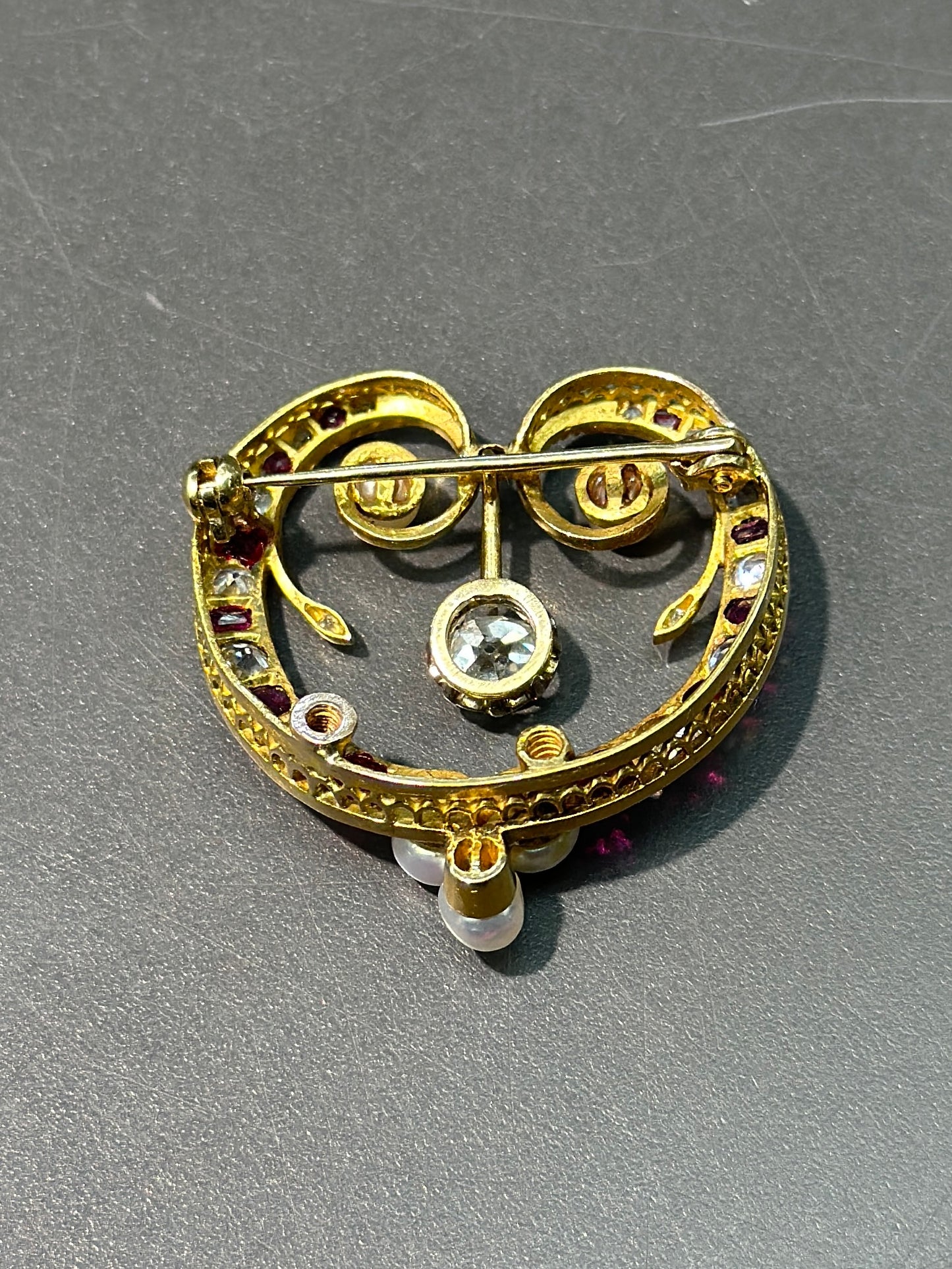 古董 14K 金红宝石钻石海水珍珠胸针