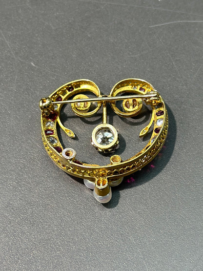古董 14K 金红宝石钻石海水珍珠胸针