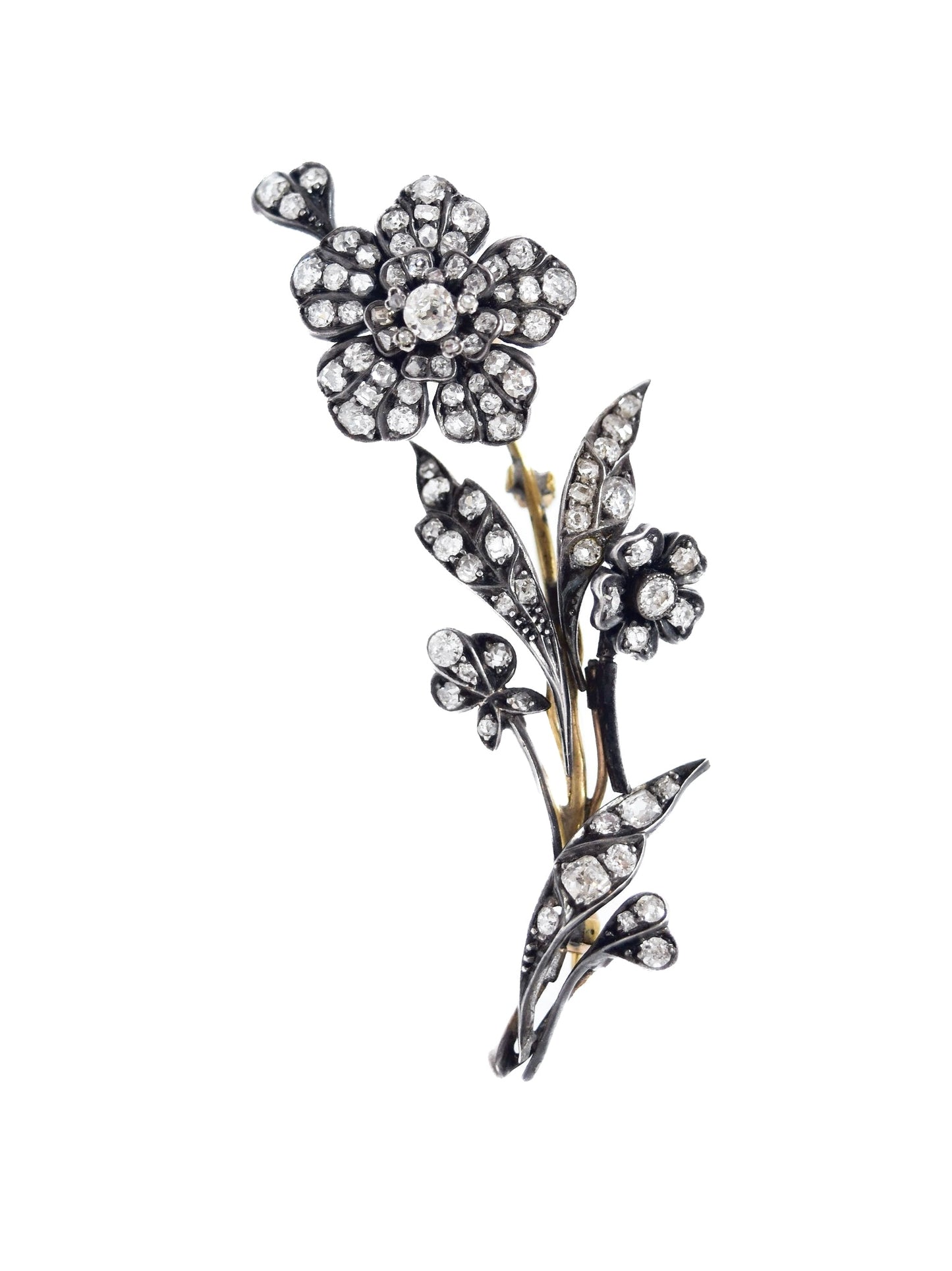 Antique 14K Topped Silver 3.34 CTW Diamond Flower Tremblant Brooch
