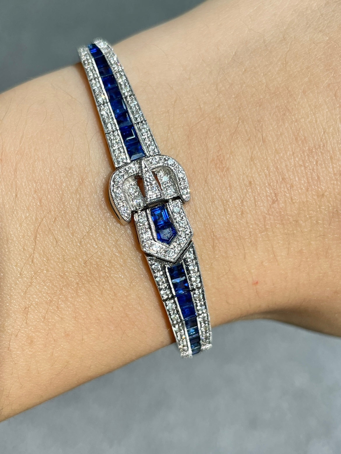 Art Deco Style 18K Gold Sapphire Diamond Buckle Bracelet