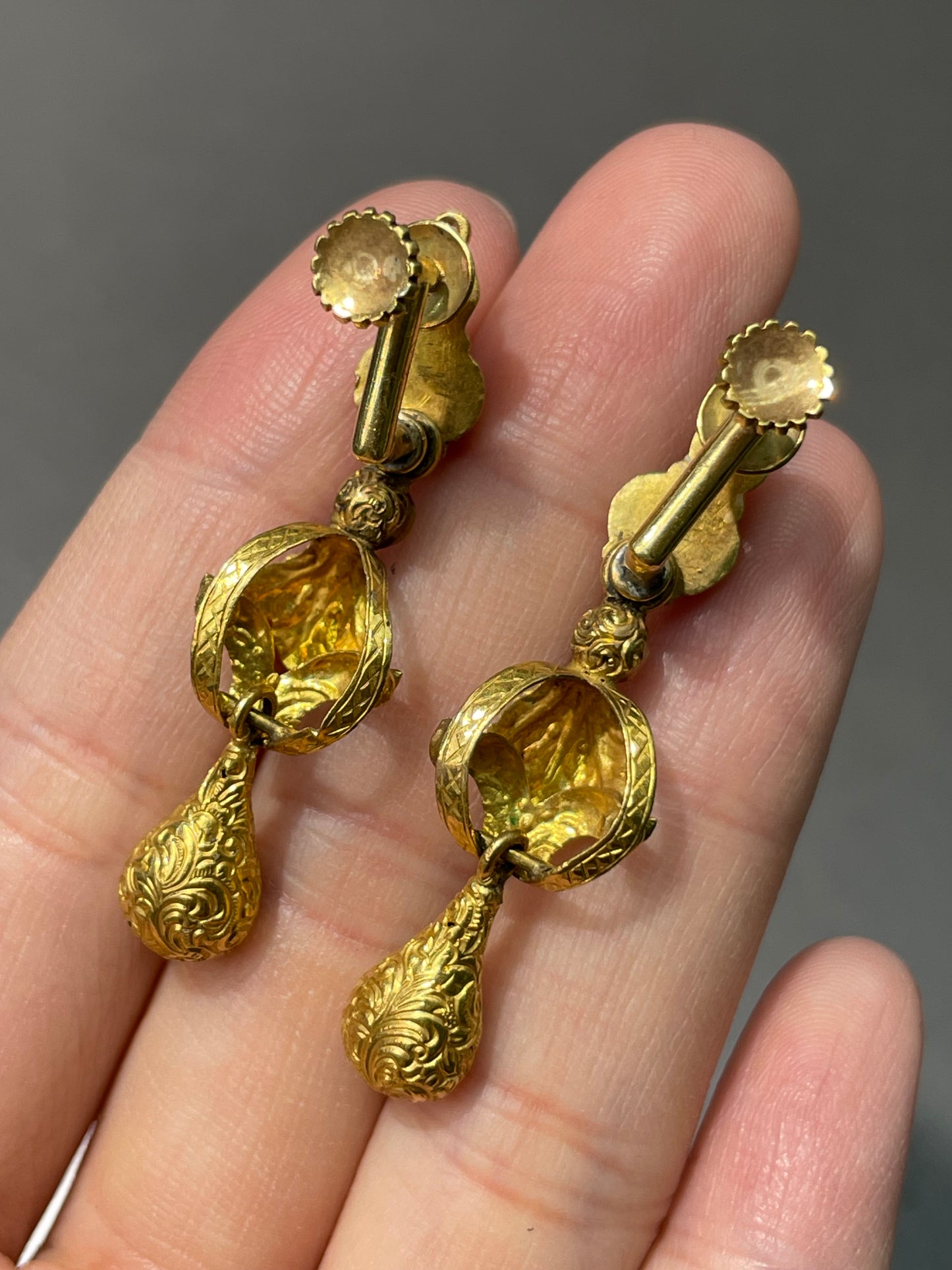 Antique Victorian Etruscan 22K Yellow Gold Diamond Repousse Drop Earring