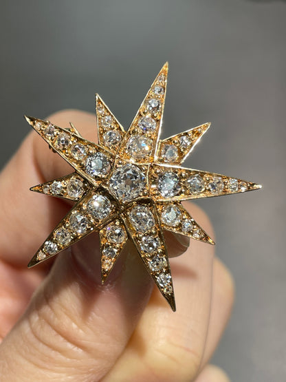 Antique 14K Gold 3.30 CTW Diamond Starburst Pendant Brooch