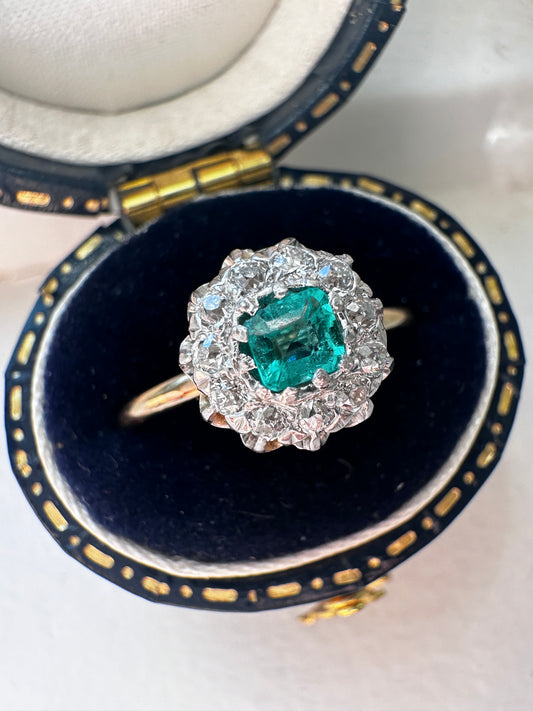 Antique Platinum 14K Yellow Gold 0.38 CTW Colombian Emerald Diamond Halo Ring