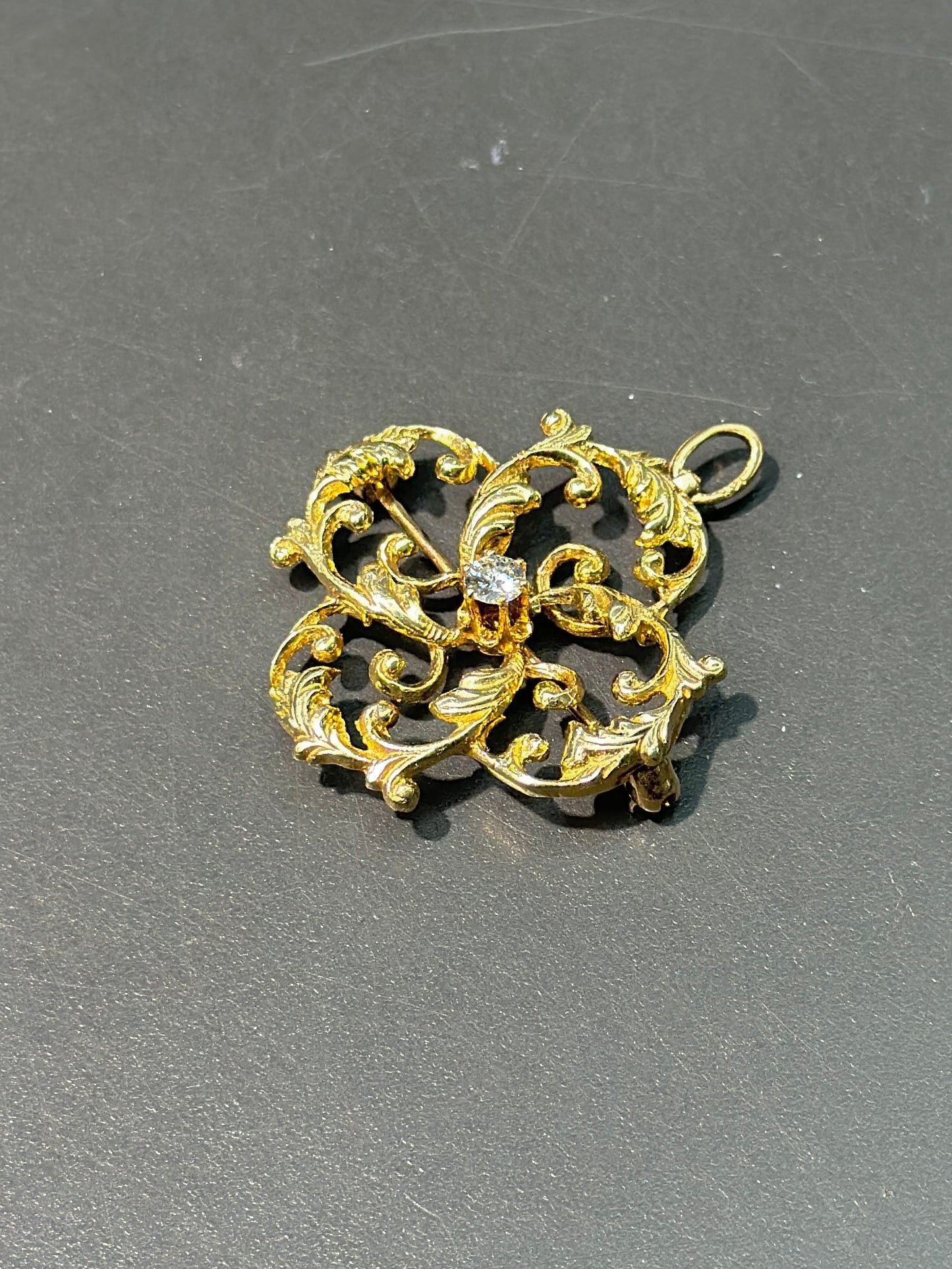 Art Nouveau 14K Gold Diamond Motif Brooch Pendant
