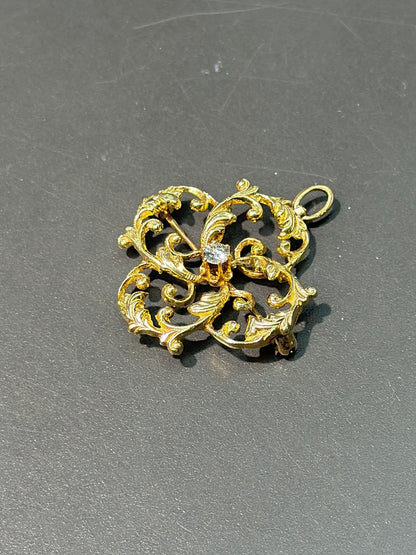 Art Nouveau 14K Gold Diamond Motif Brooch Pendant