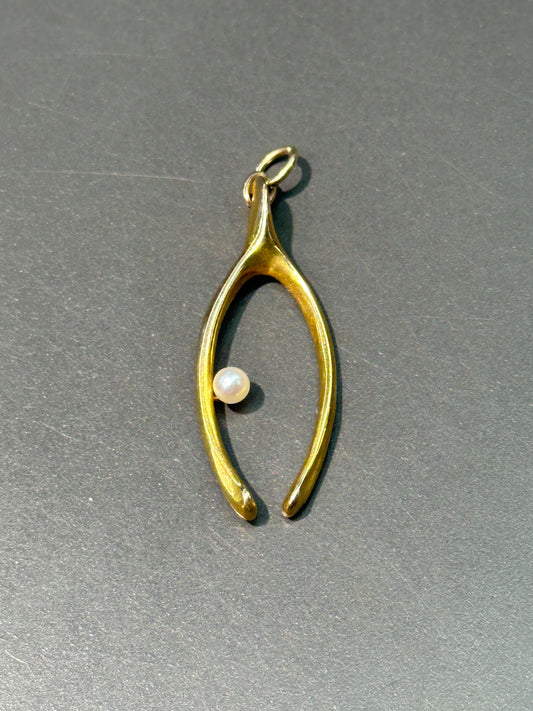 Art Nouveau 18K Gold Pearl Wish Bone Charm