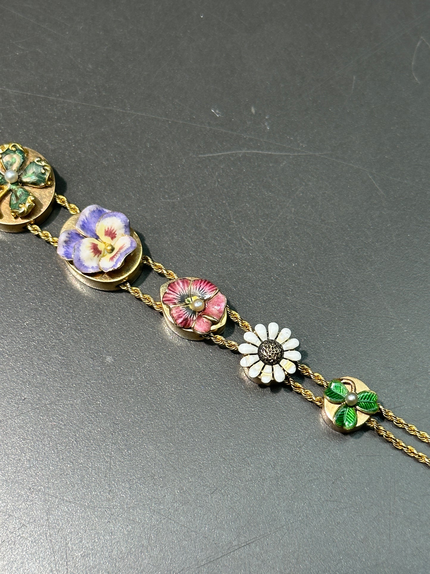 Art Nouveau 14K Gold Enameled Flower Charm Slide Bracelet