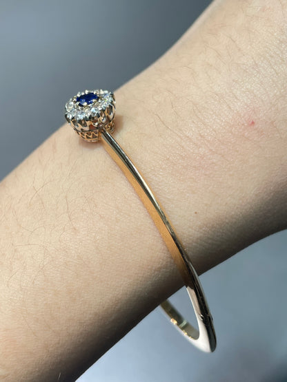 Antique French 18K Gold Natural Sapphire Diamond Halo Bangle Bracelet