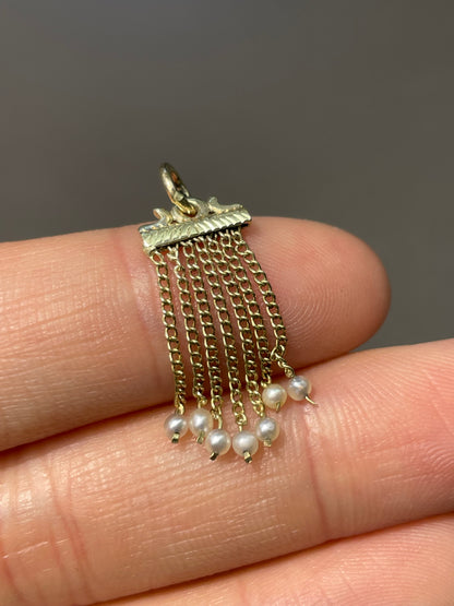 古董 14K 黄金种子珍珠流苏吊坠