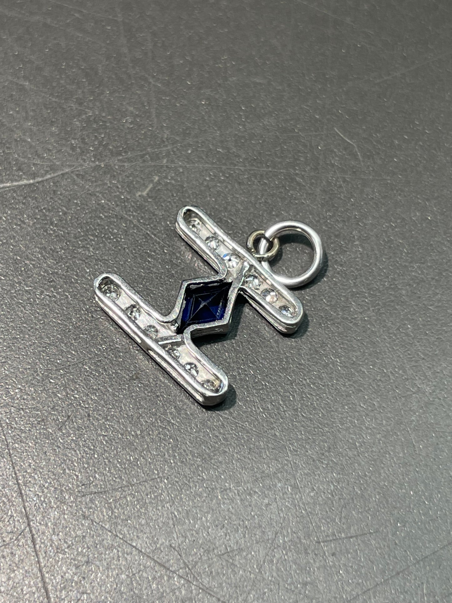 Art Deco Platinum Sapphire 0.18ct Diamond Motif Charm