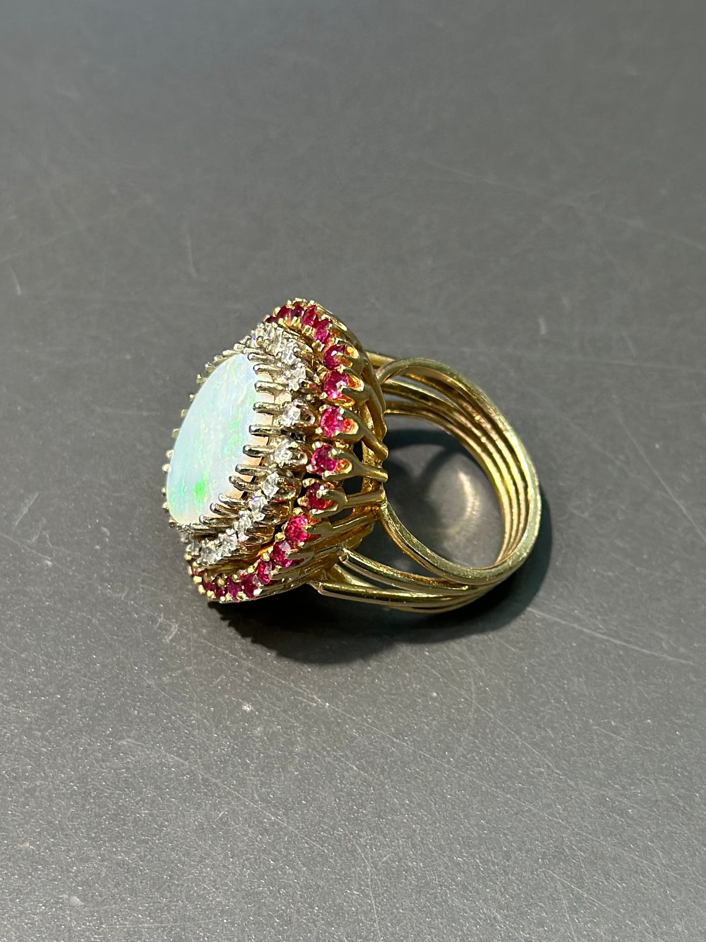 Vintage 14K Gold Opal Diamond Ruby Statement Ring