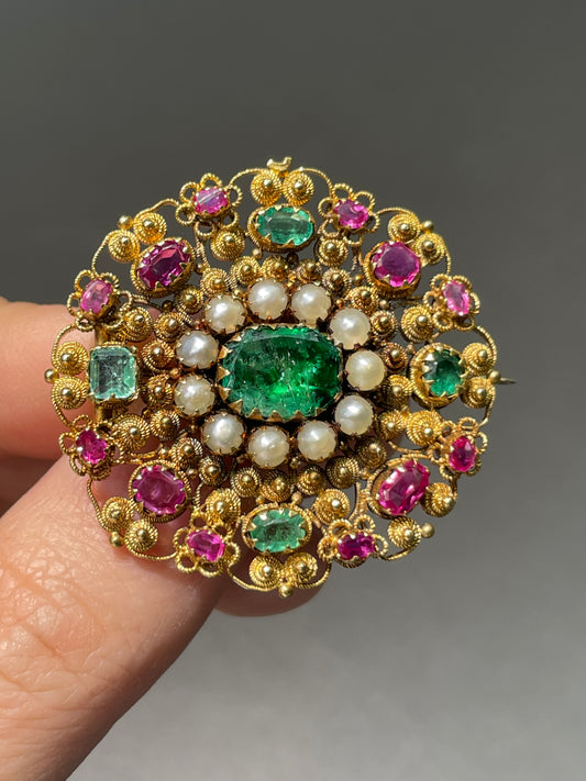 Antique Georgian 22K Yellow Gold Emerald Ruby Pearl Cannetille Brooch