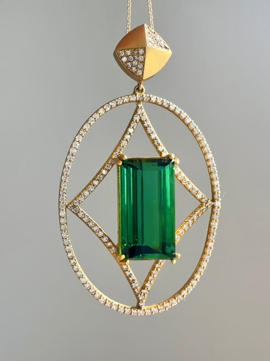 18K Gold Elongated Green Tourmaline Diamond Pendant