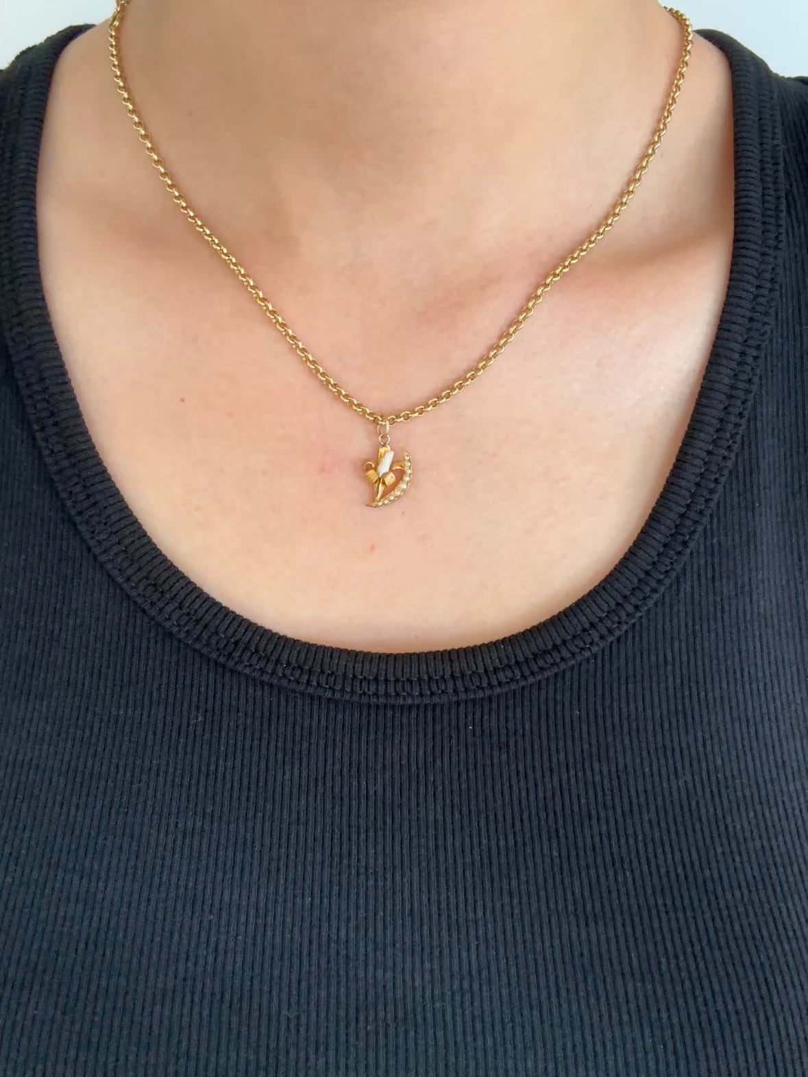 Antique 14K Yellow Gold Seed Pearl Lily Crescent Charm