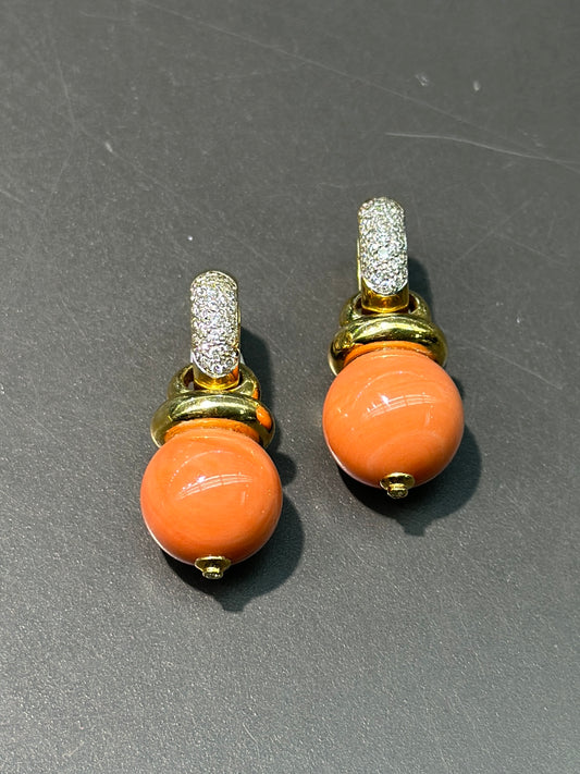 14K 金钻石珊瑚耳坠