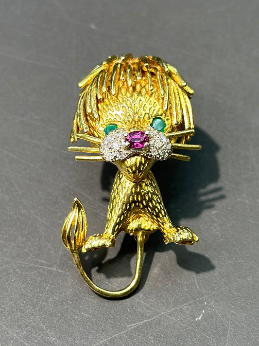 Vintage 18K Gold Large Emerald Diamond Ruby Lion Brooch