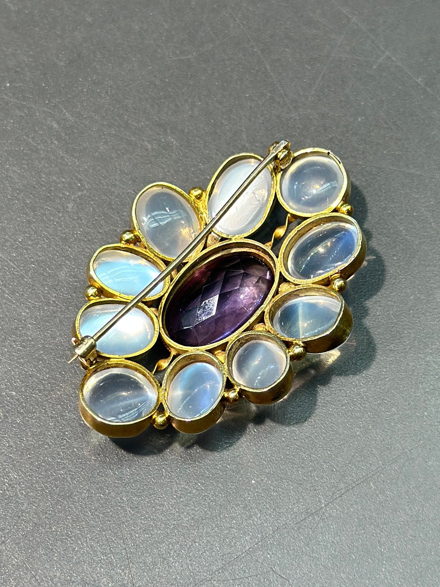 Georgian 14K Gold Moonstone Faceted Amethyst Brooch