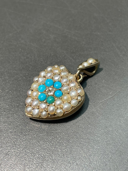 Antique Victorian 15K Yellow Gold Turquoise Pearl Diamond Heart Pendant