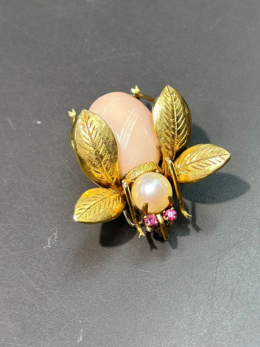 复古 14K 金珊瑚、珍珠和红宝石虫子吊饰