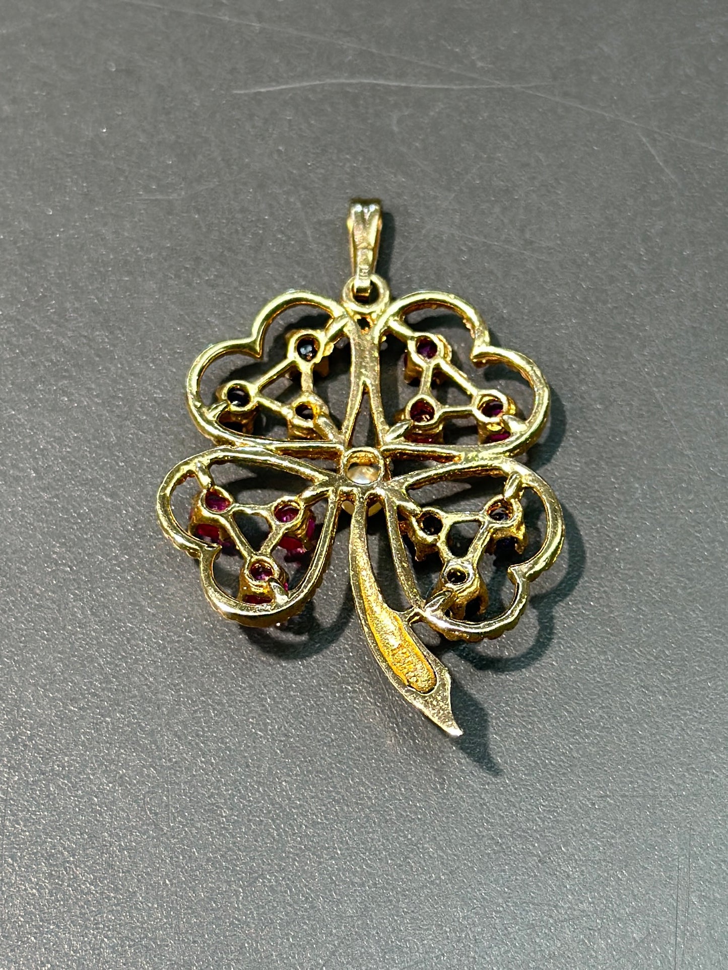 Vintage 14K Gold Ruby Sapphire Four Leaf Clover Pendant