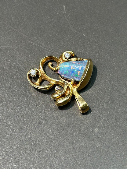复古 14K 金砾石蛋白石钻石吊坠