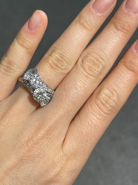 Vintage 14K 2.65 CTW Diamond Old European Old Mine Cut Toi Et Moi Candy Ring