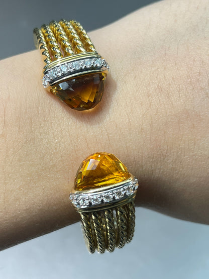 David Yurman 18K Gold Citrine Diamond Bypass Bangle Bracelet