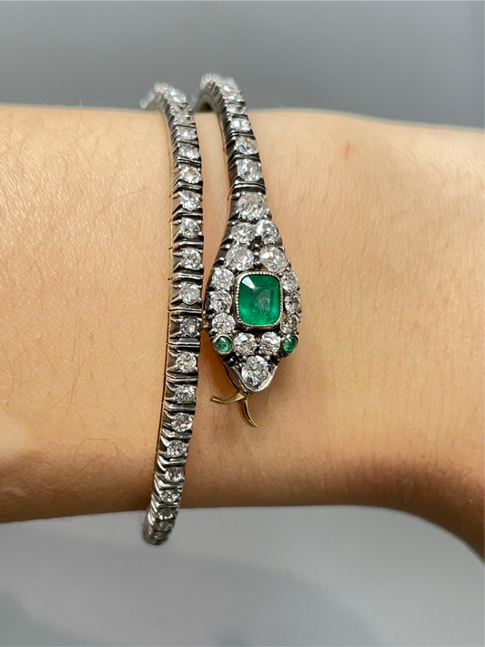 Antique 14K Yellow Gold 4.36 CTW Diamond Emerald Snake Serpentine Bangle