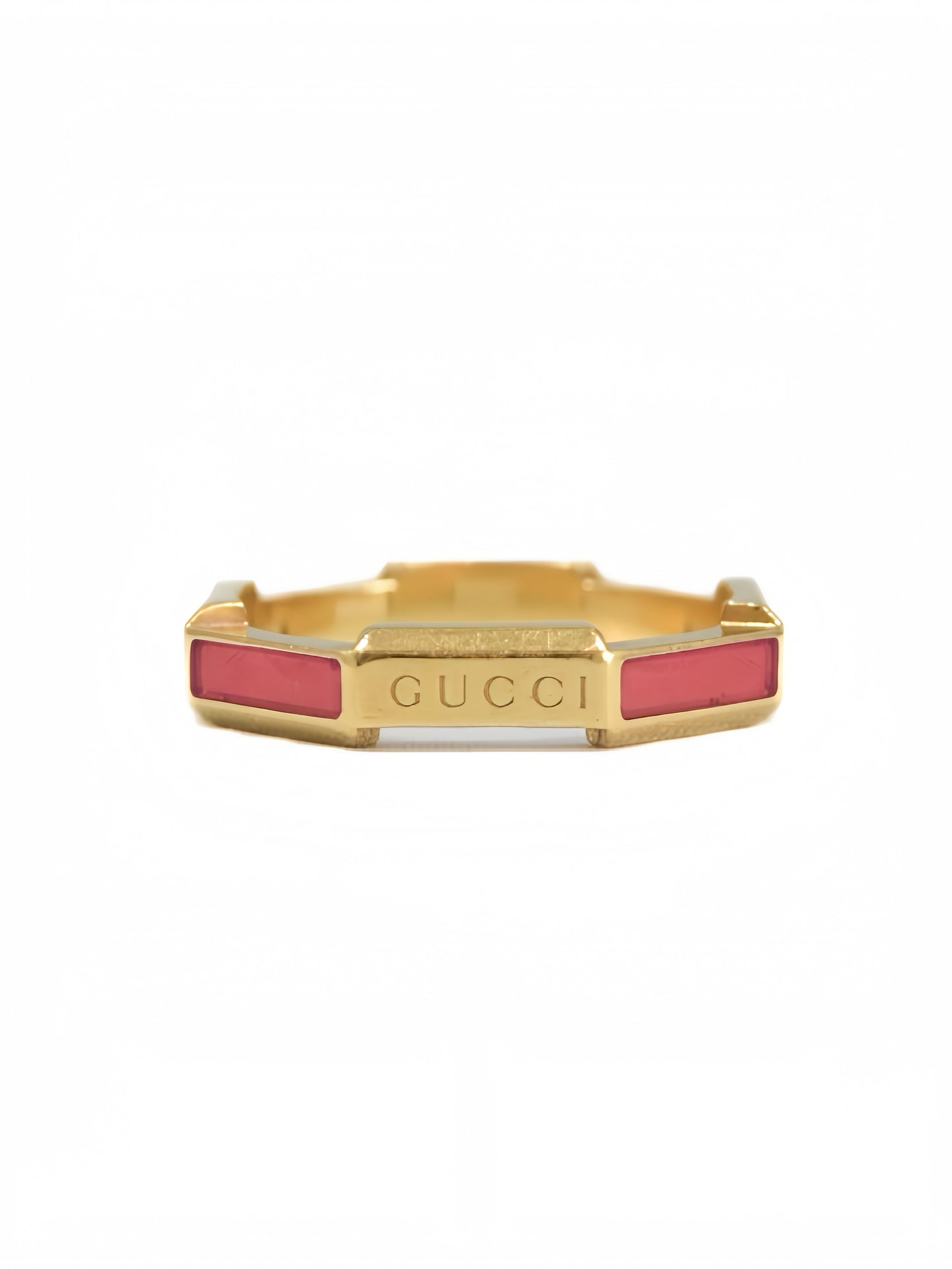 Gucci 18K Yellow Gold Link to Love Pink Enamel Ring
